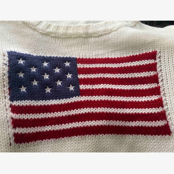 American Flag Knit Off White Pullover Sweater Crew Neck Long Sleeve - Picture 12 of 16